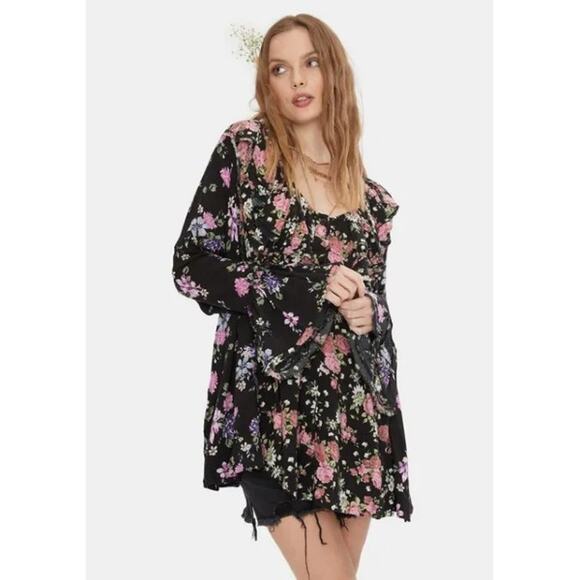 Free People Loretta Black Floral Tunic Top Mini Trapeze Dress Small - Picture 1 of 8